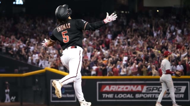 Alek Thomas celebrates game tying two run homer game 4 NLCS Chase Field October 20, 2023
